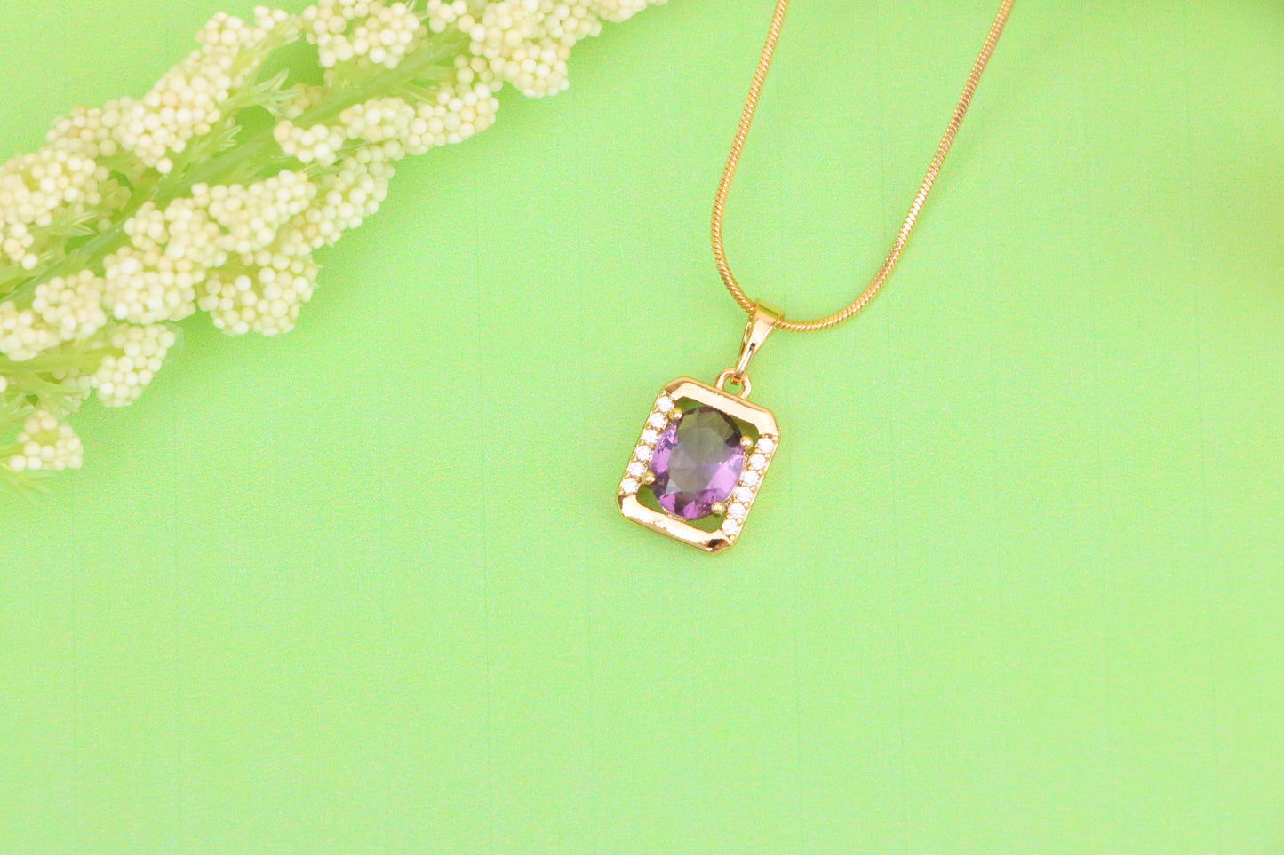 Rectangular Rose Gold Pendant with Purple Stone and Crystal Accents, XPPT1513 (2140-6)
