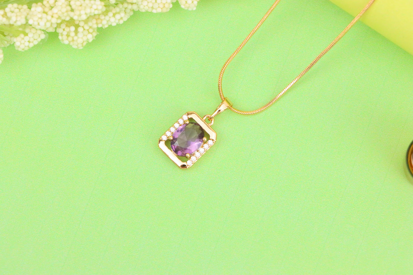 Rectangular Rose Gold Pendant with Purple Stone and Crystal Accents, XPPT1513 (2140-6)