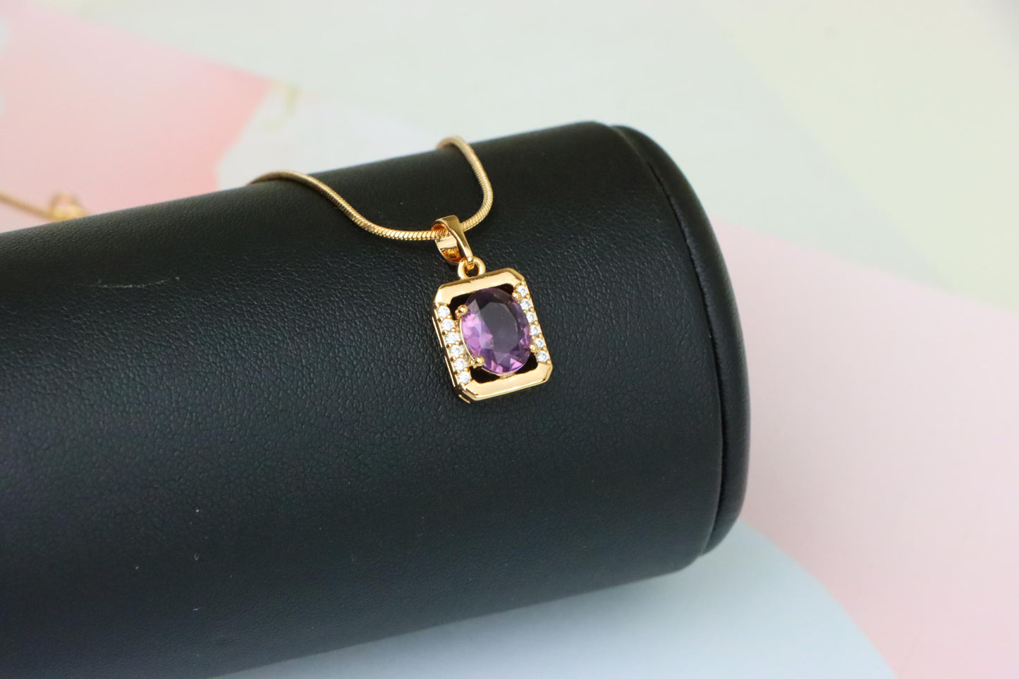 Rectangular Rose Gold Pendant with Purple Stone and Crystal Accents, XPPT1513 (2140-6)