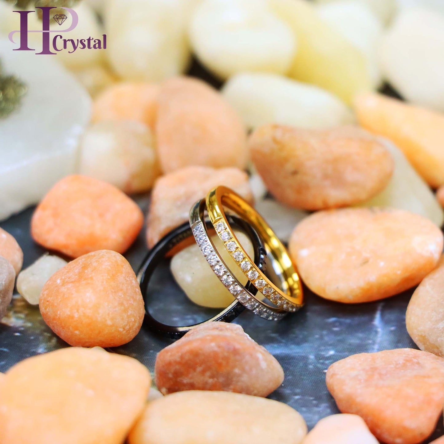 Titanium Half Eternity Ring – White & Black CZ Stones, Yellow & Black IP Plated, Stylish & Durable Wedding Band