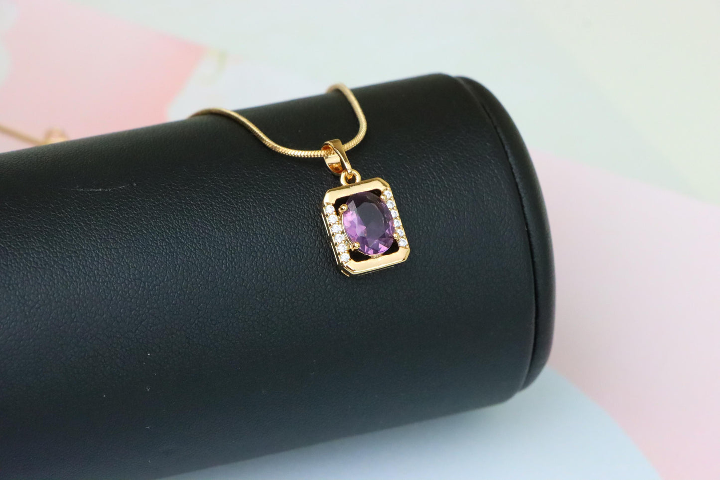 Rectangular Rose Gold Pendant with Purple Stone and Crystal Accents, XPPT1513 (2140-6)