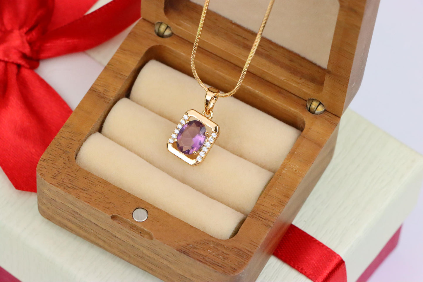 Rectangular Rose Gold Pendant with Purple Stone and Crystal Accents, XPPT1513 (2140-6)