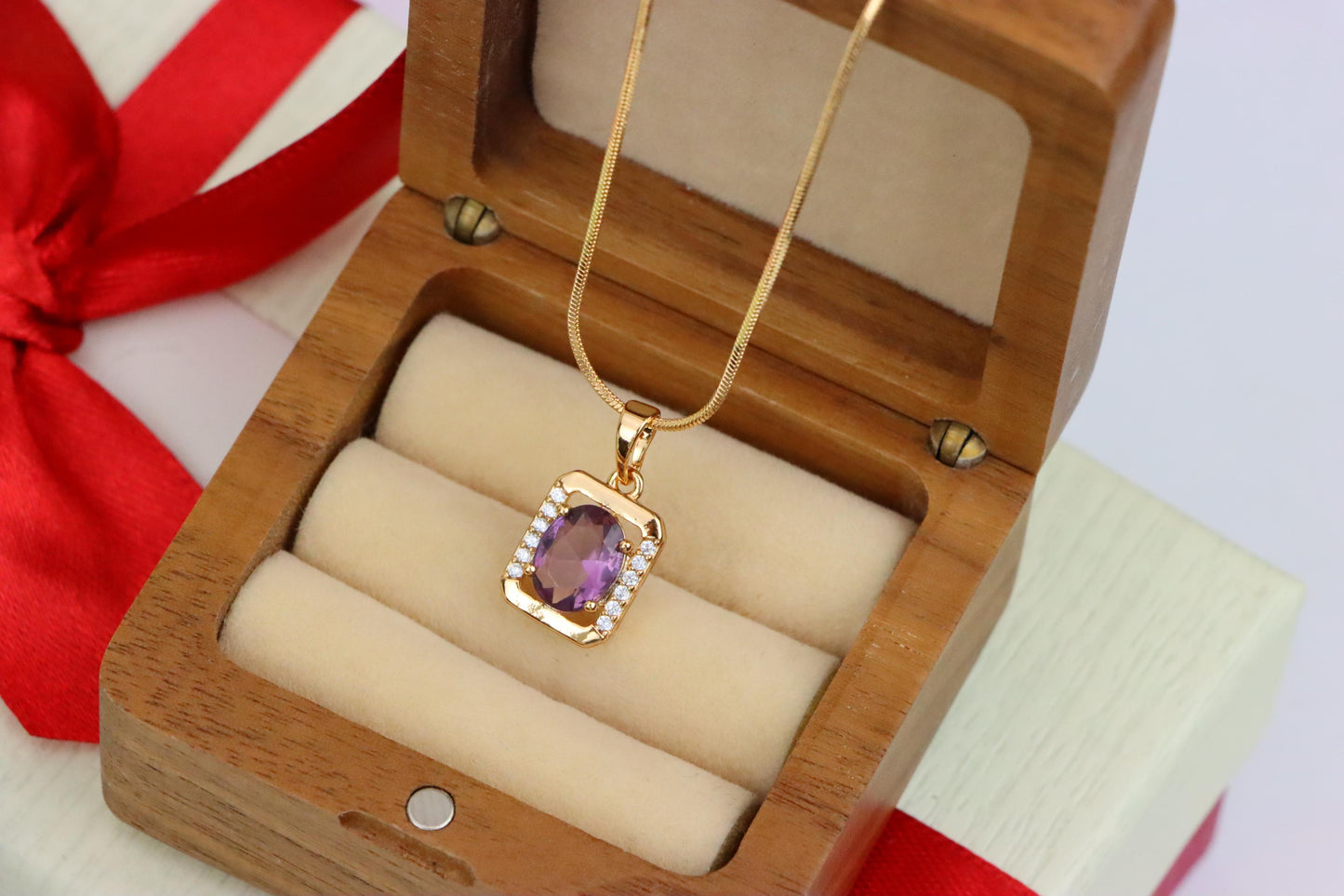 Rectangular Rose Gold Pendant with Purple Stone and Crystal Accents, XPPT1513 (2140-6)