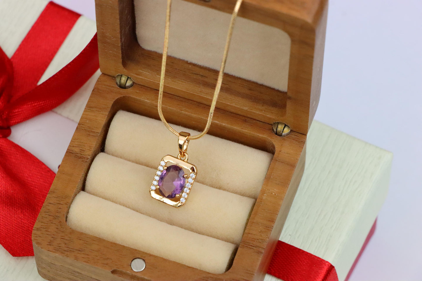 Rectangular Rose Gold Pendant with Purple Stone and Crystal Accents, XPPT1513 (2140-6)