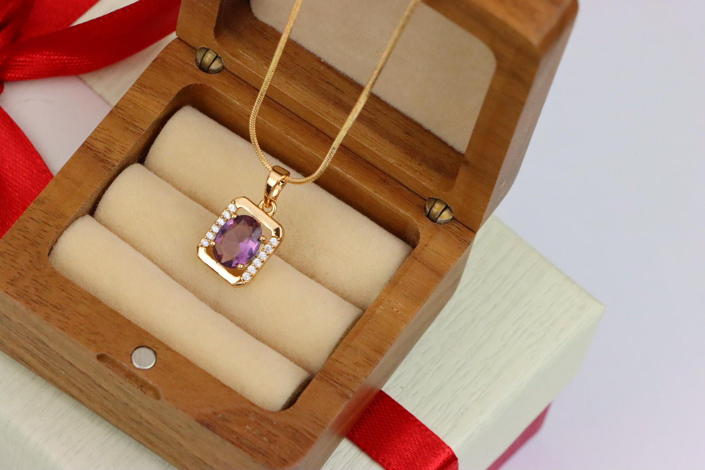 Rectangular Rose Gold Pendant with Purple Stone and Crystal Accents, XPPT1513 (2140-6)
