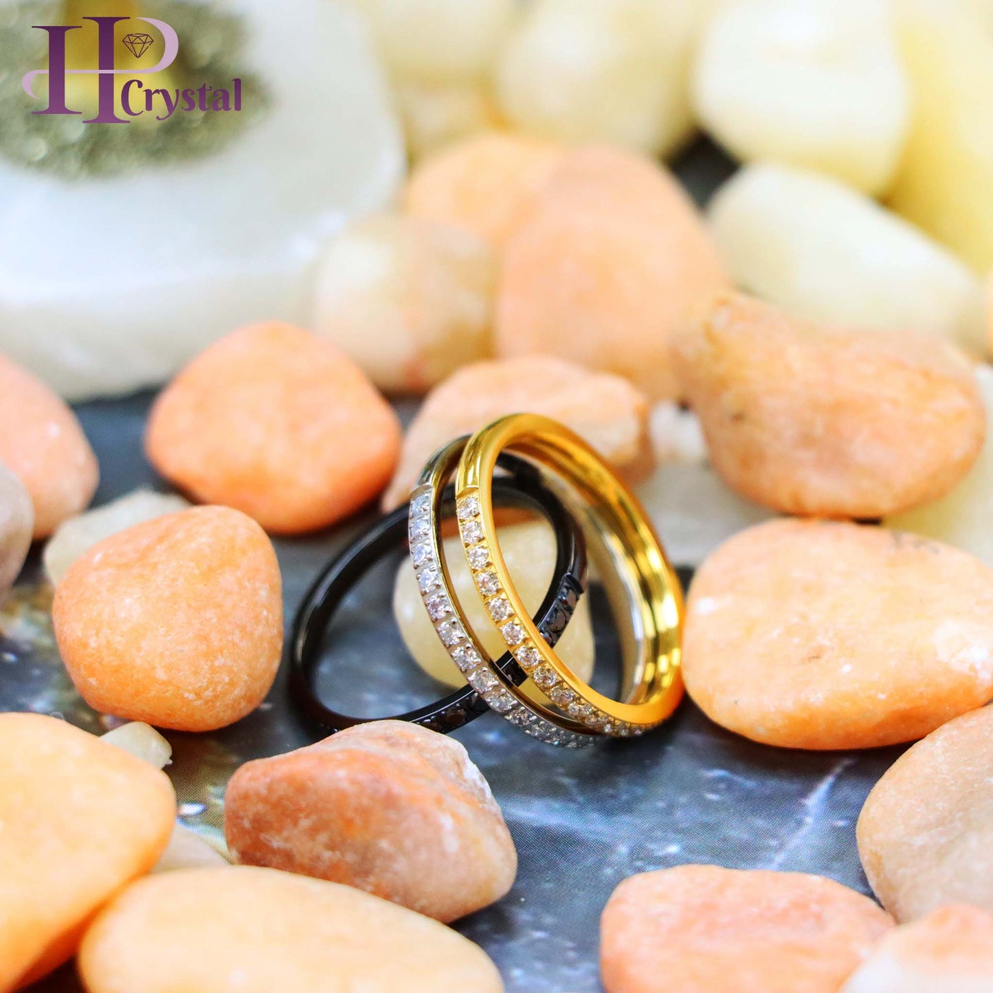 Titanium Half Eternity Ring – White & Black CZ Stones, Yellow & Black IP Plated, Stylish & Durable Wedding Band