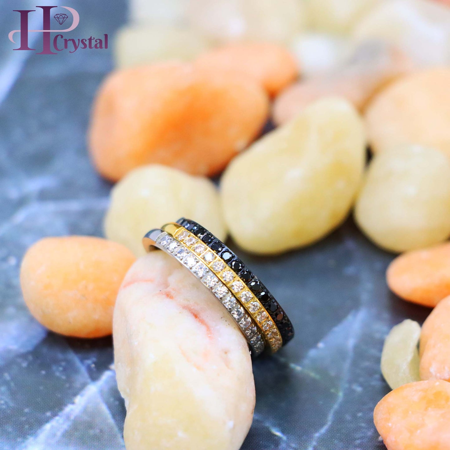 Titanium Half Eternity Ring – White & Black CZ Stones, Yellow & Black IP Plated, Stylish & Durable Wedding Band