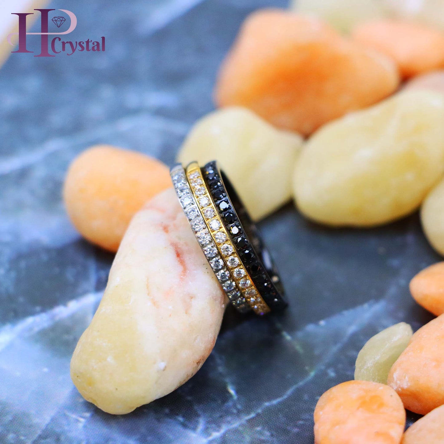 Titanium Half Eternity Ring – White & Black CZ Stones, Yellow & Black IP Plated, Stylish & Durable Wedding Band