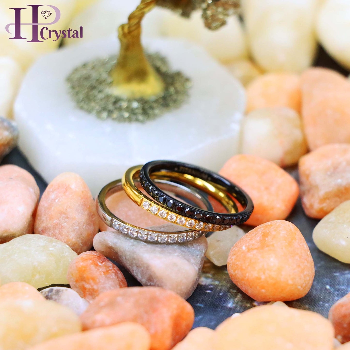 Titanium Half Eternity Ring – White & Black CZ Stones, Yellow & Black IP Plated, Stylish & Durable Wedding Band