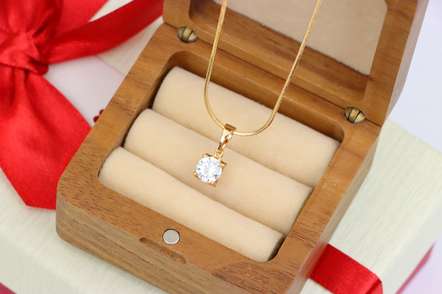 Petite Round White Stone Rose Gold Pendant in Classic Solitaire Style, XPPT1514 (2140-7)