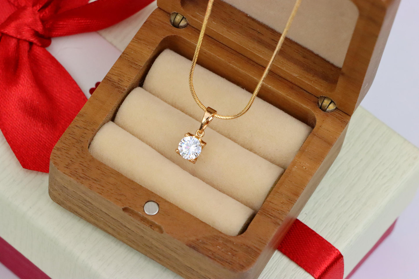 Petite Round White Stone Rose Gold Pendant in Classic Solitaire Style, XPPT1514 (2140-7)