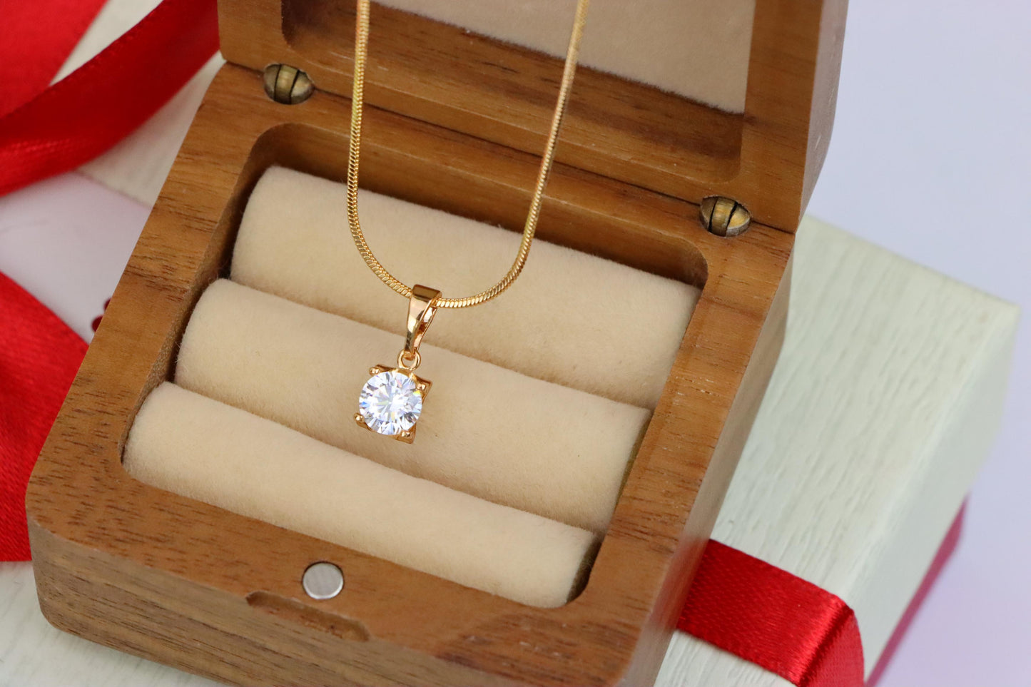 Petite Round White Stone Rose Gold Pendant in Classic Solitaire Style, XPPT1514 (2140-7)