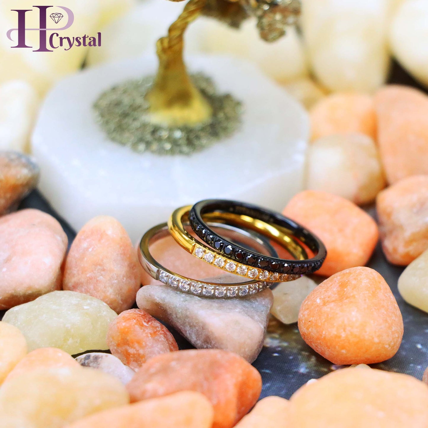 Titanium Half Eternity Ring – White & Black CZ Stones, Yellow & Black IP Plated, Stylish & Durable Wedding Band