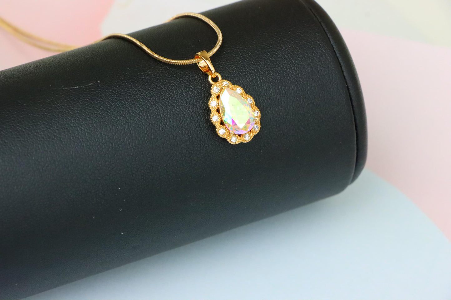 Elegant Teardrop Rose Gold Pendant with Iridescent Stone Accent, XPPT1515 (2140-8)