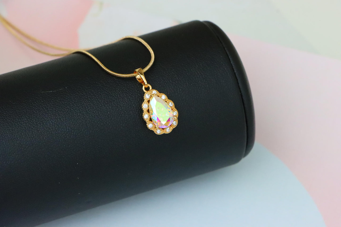 Elegant Teardrop Rose Gold Pendant with Iridescent Stone Accent, XPPT1515 (2140-8)
