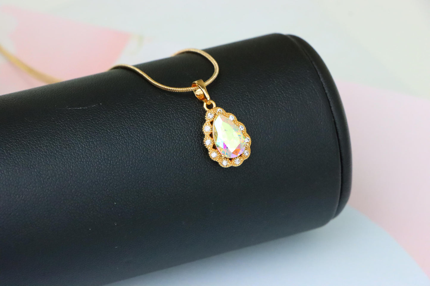 Elegant Teardrop Rose Gold Pendant with Iridescent Stone Accent, XPPT1515 (2140-8)