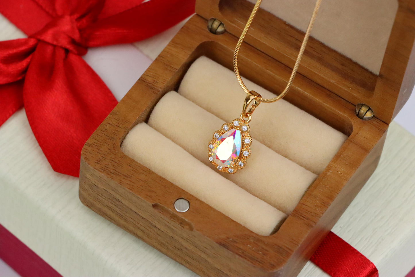 Elegant Teardrop Rose Gold Pendant with Iridescent Stone Accent, XPPT1515 (2140-8)