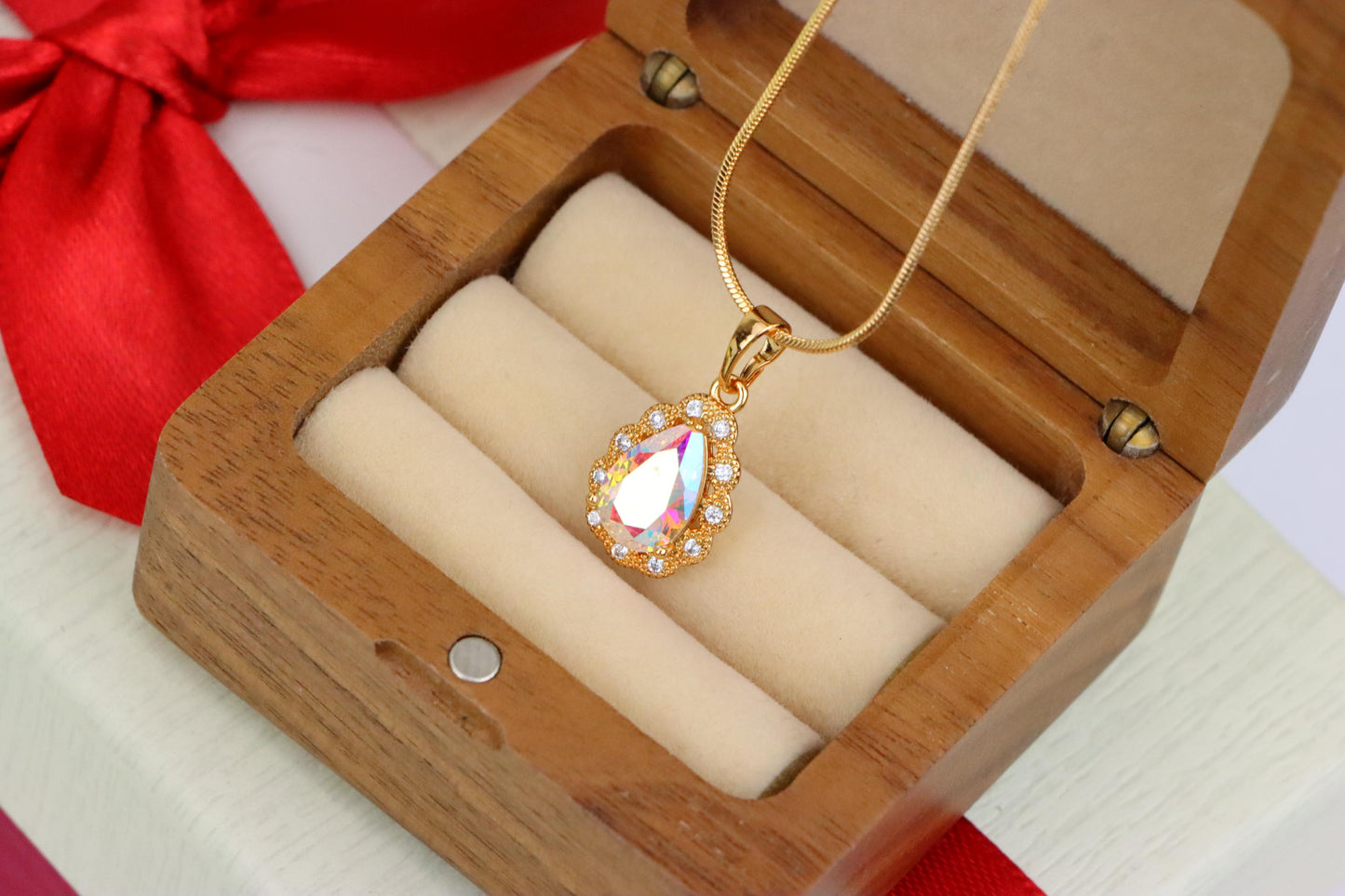 Elegant Teardrop Rose Gold Pendant with Iridescent Stone Accent, XPPT1515 (2140-8)