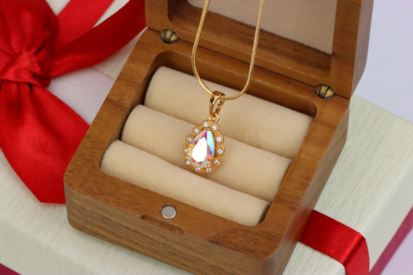 Elegant Teardrop Rose Gold Pendant with Iridescent Stone Accent, XPPT1515 (2140-8)