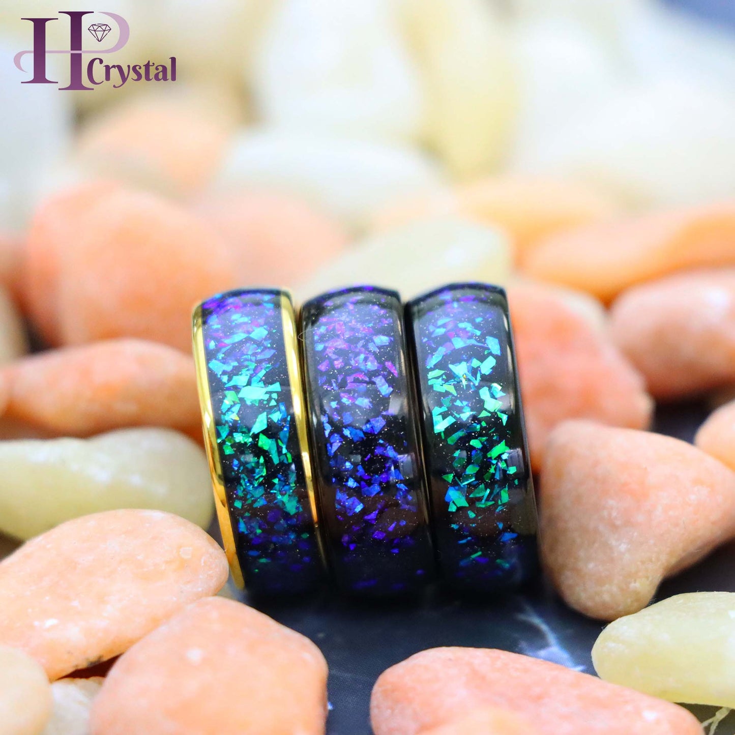 Dome Tungsten Ring – Yellow/Black IP, Synthetic Opal & Abalone Inlay