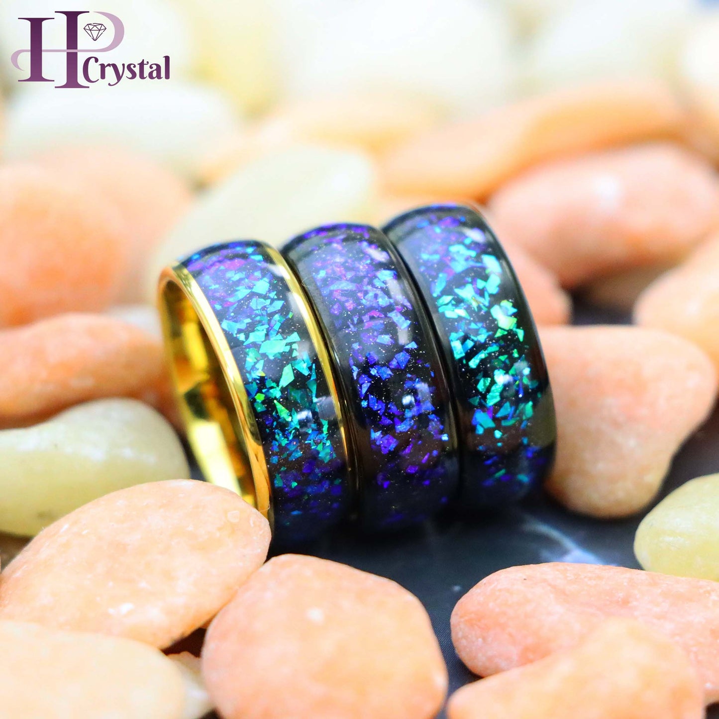 Dome Tungsten Ring – Yellow/Black IP, Synthetic Opal & Abalone Inlay