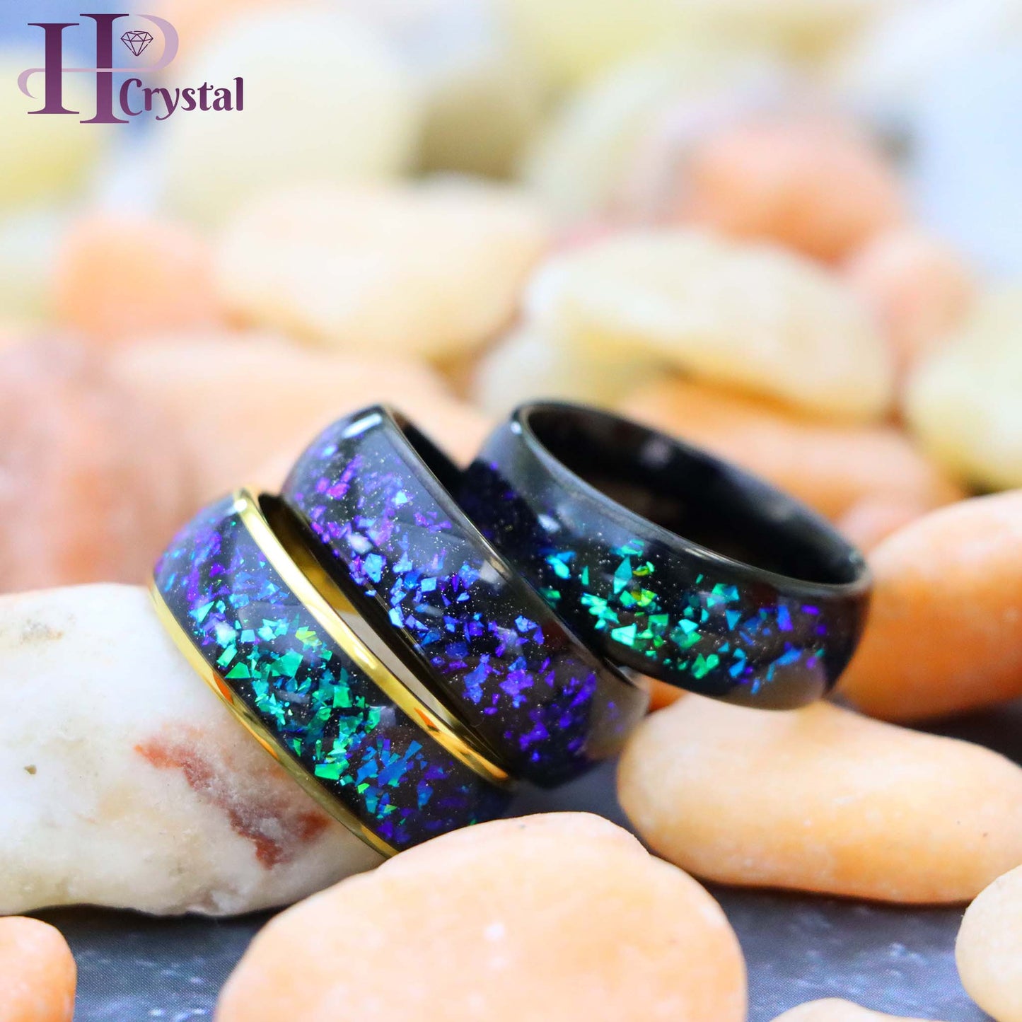 Dome Tungsten Ring – Yellow/Black IP, Synthetic Opal & Abalone Inlay