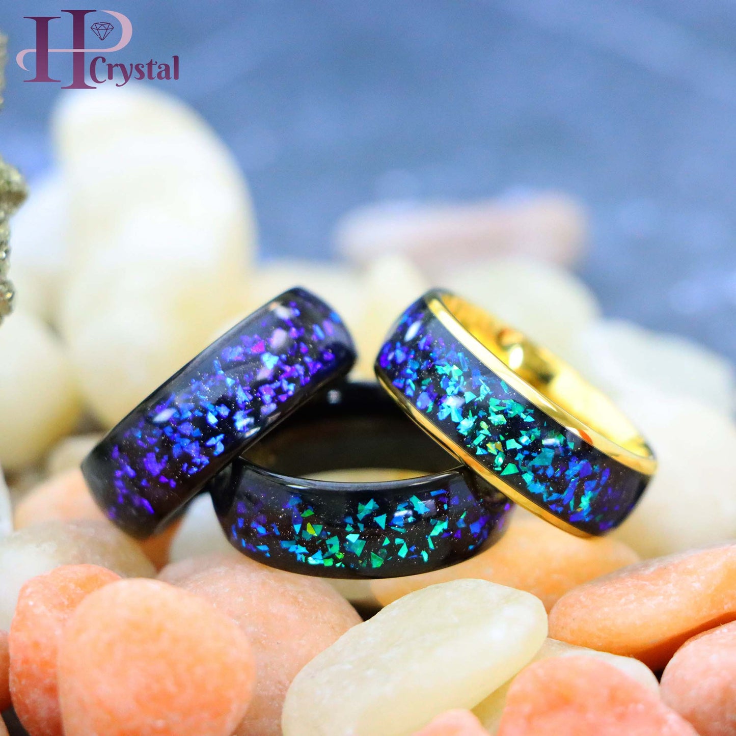 Dome Tungsten Ring – Yellow/Black IP, Synthetic Opal & Abalone Inlay