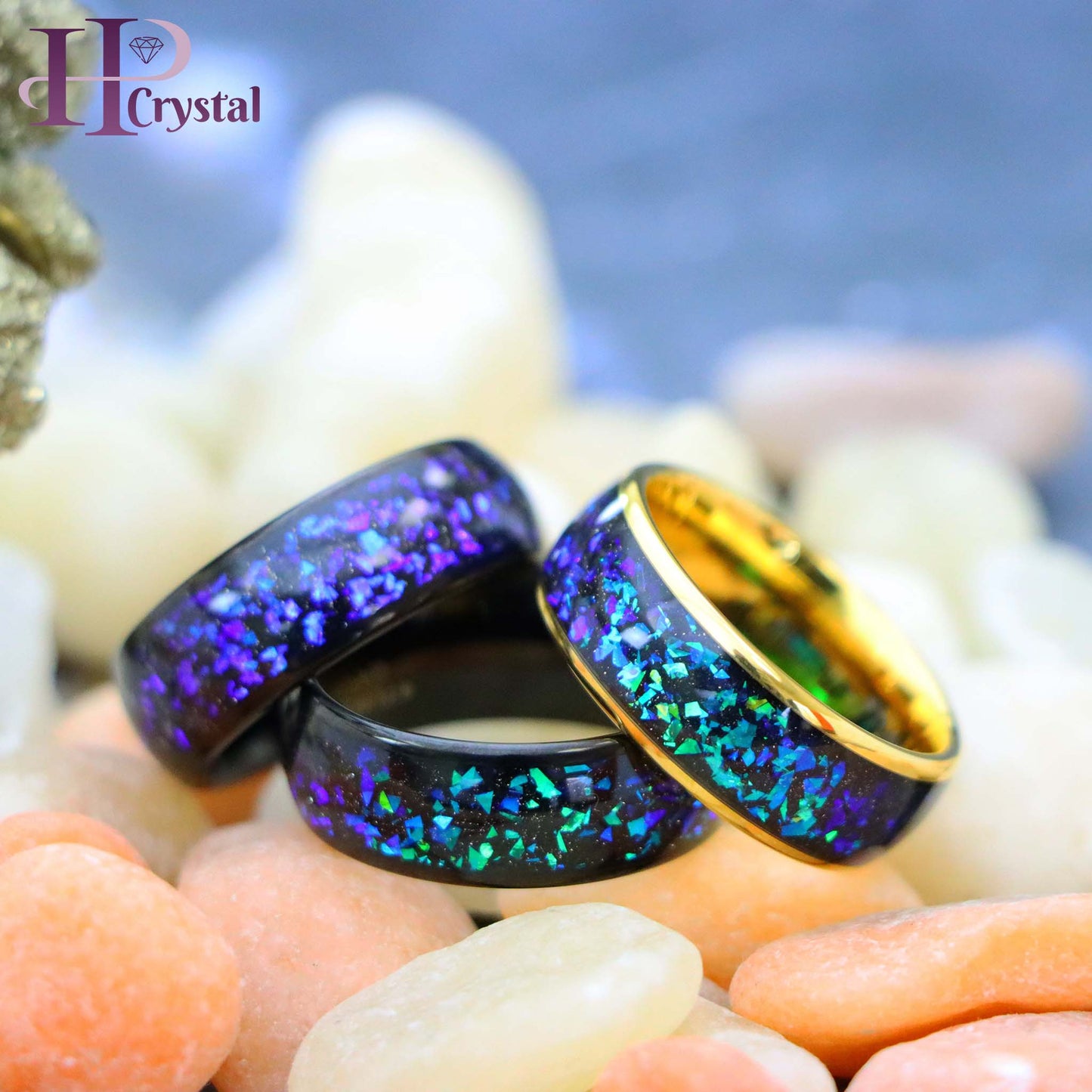 Dome Tungsten Ring – Yellow/Black IP, Synthetic Opal & Abalone Inlay