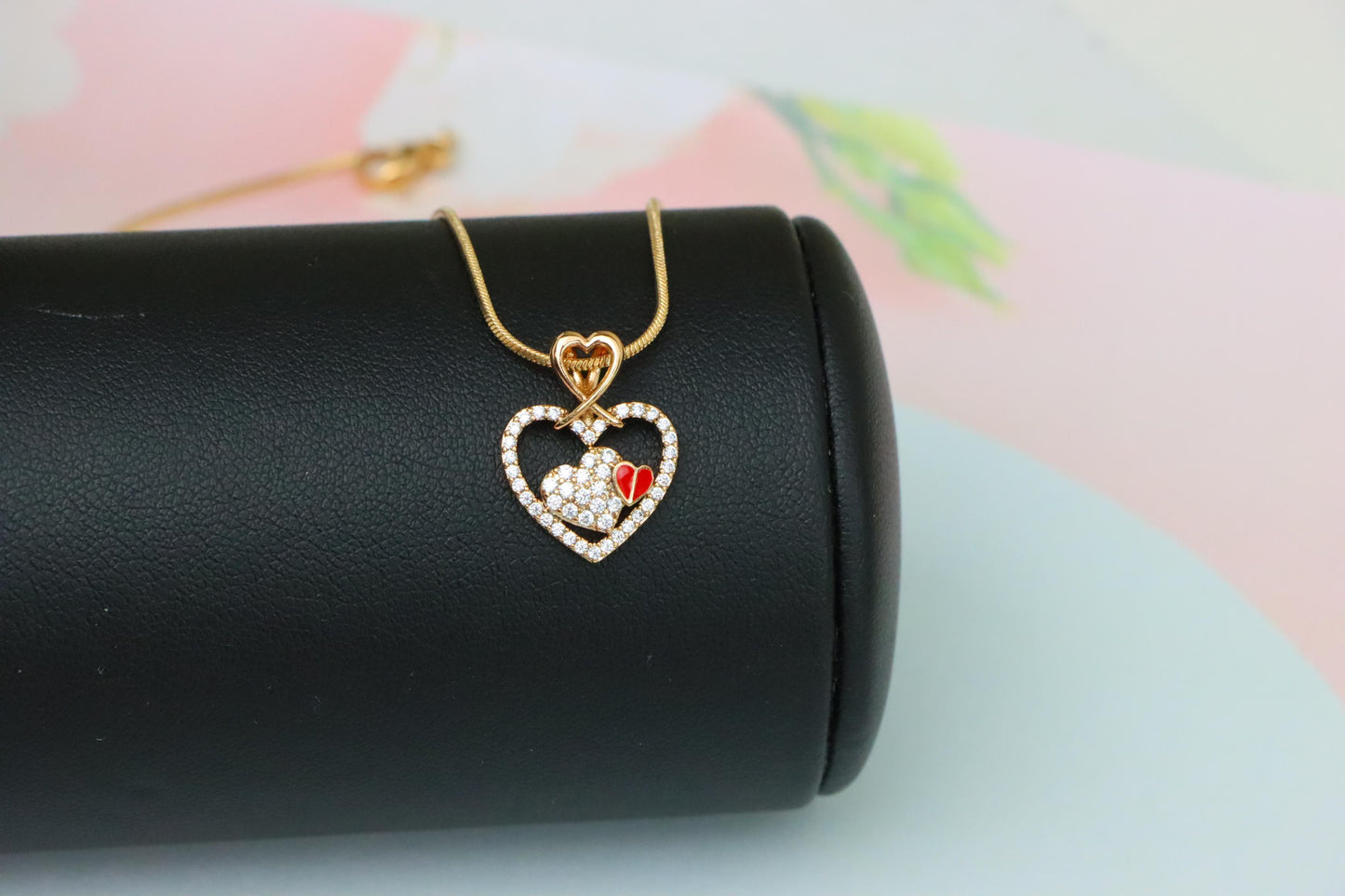 Heart-Shaped Rose Gold Pendant with Red Accent and CZ Detailing, XPPT1518 (2141-1)