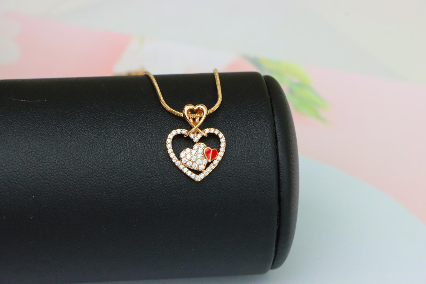 Heart-Shaped Rose Gold Pendant with Red Accent and CZ Detailing, XPPT1518 (2141-1)