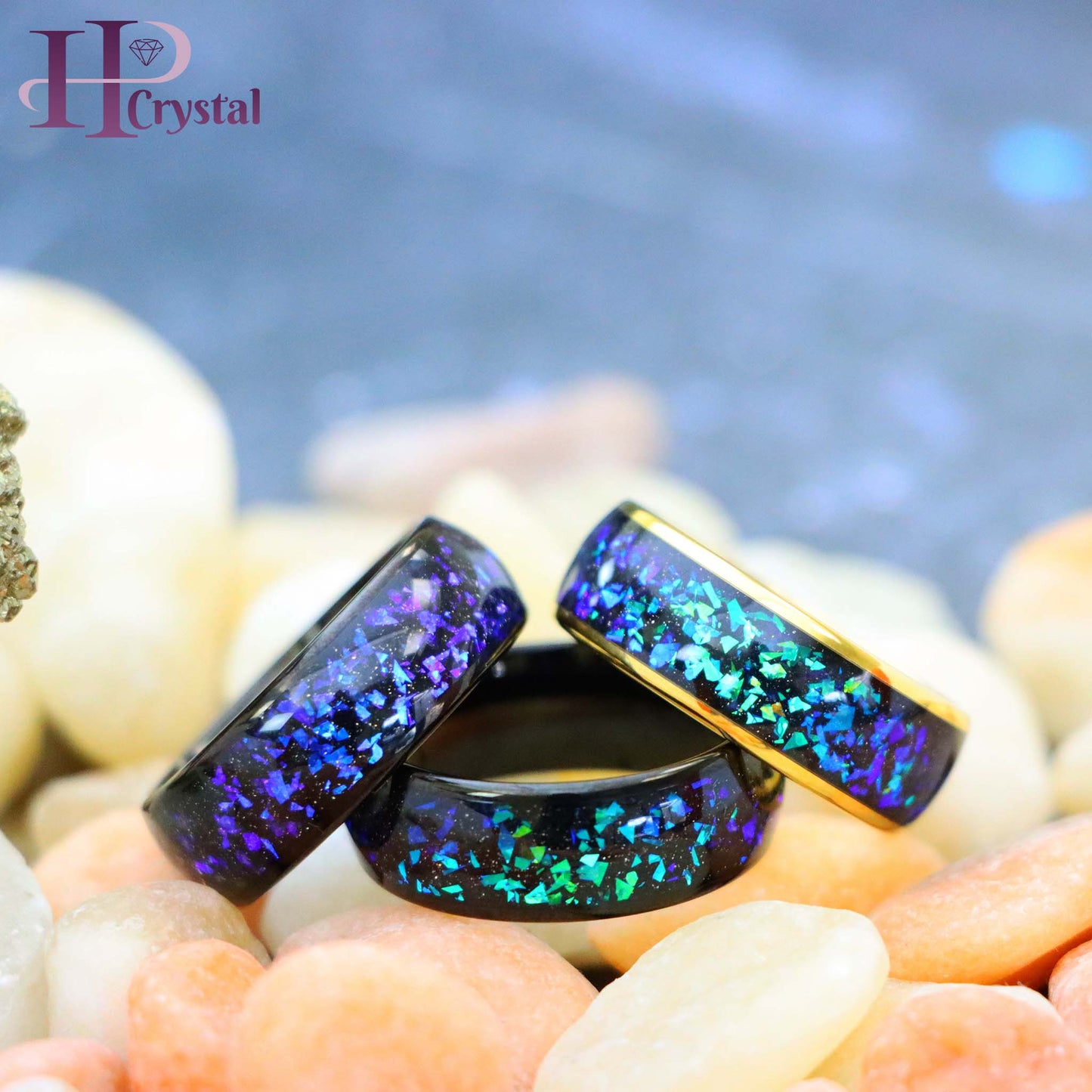 Dome Tungsten Ring – Yellow/Black IP, Synthetic Opal & Abalone Inlay