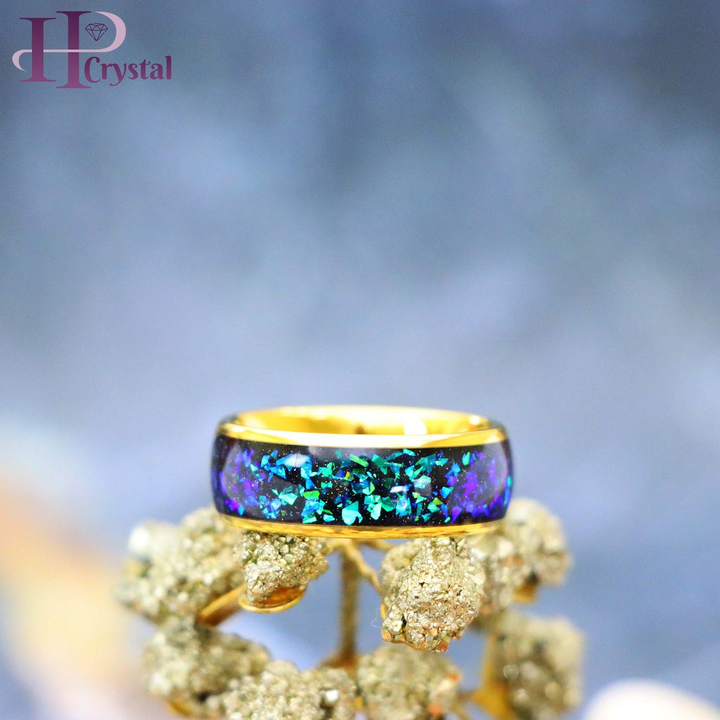 Dome Tungsten Ring – Yellow/Black IP, Synthetic Opal & Abalone Inlay