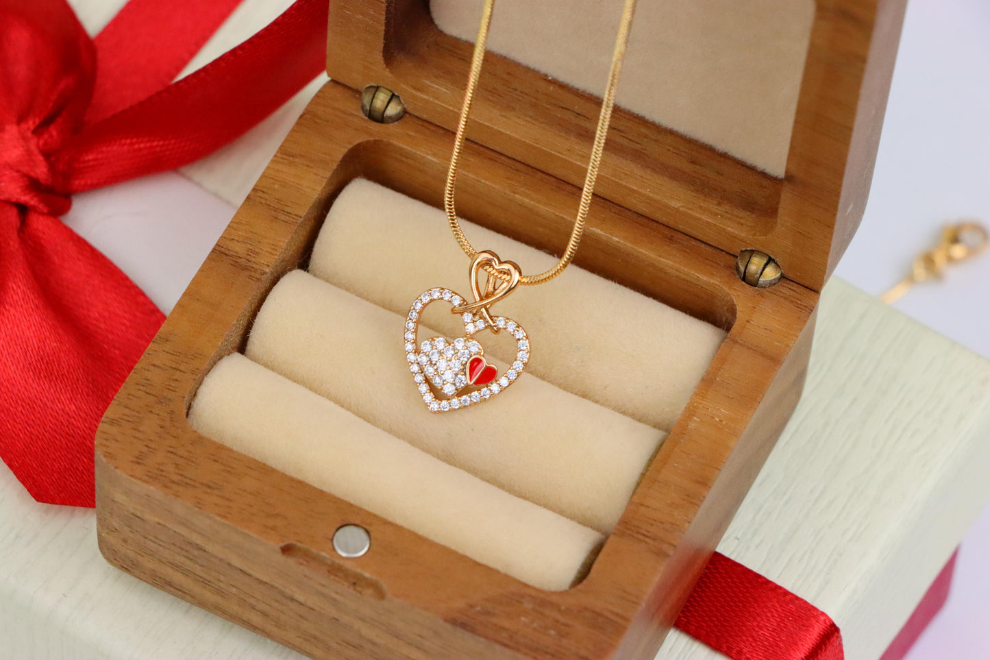 Heart-Shaped Rose Gold Pendant with Red Accent and CZ Detailing, XPPT1518 (2141-1)