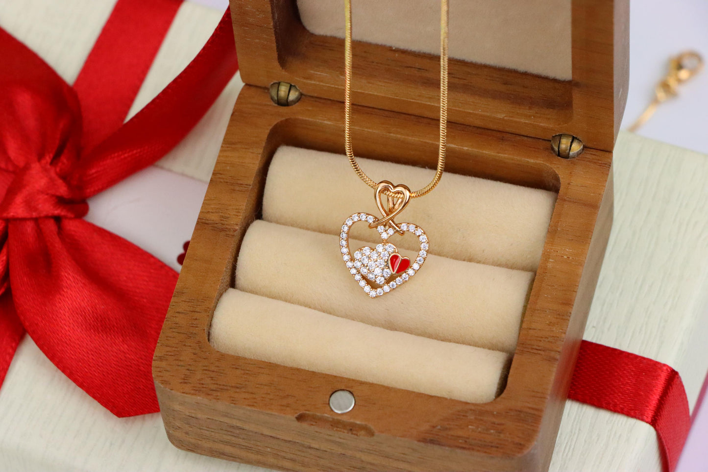 Heart-Shaped Rose Gold Pendant with Red Accent and CZ Detailing, XPPT1518 (2141-1)