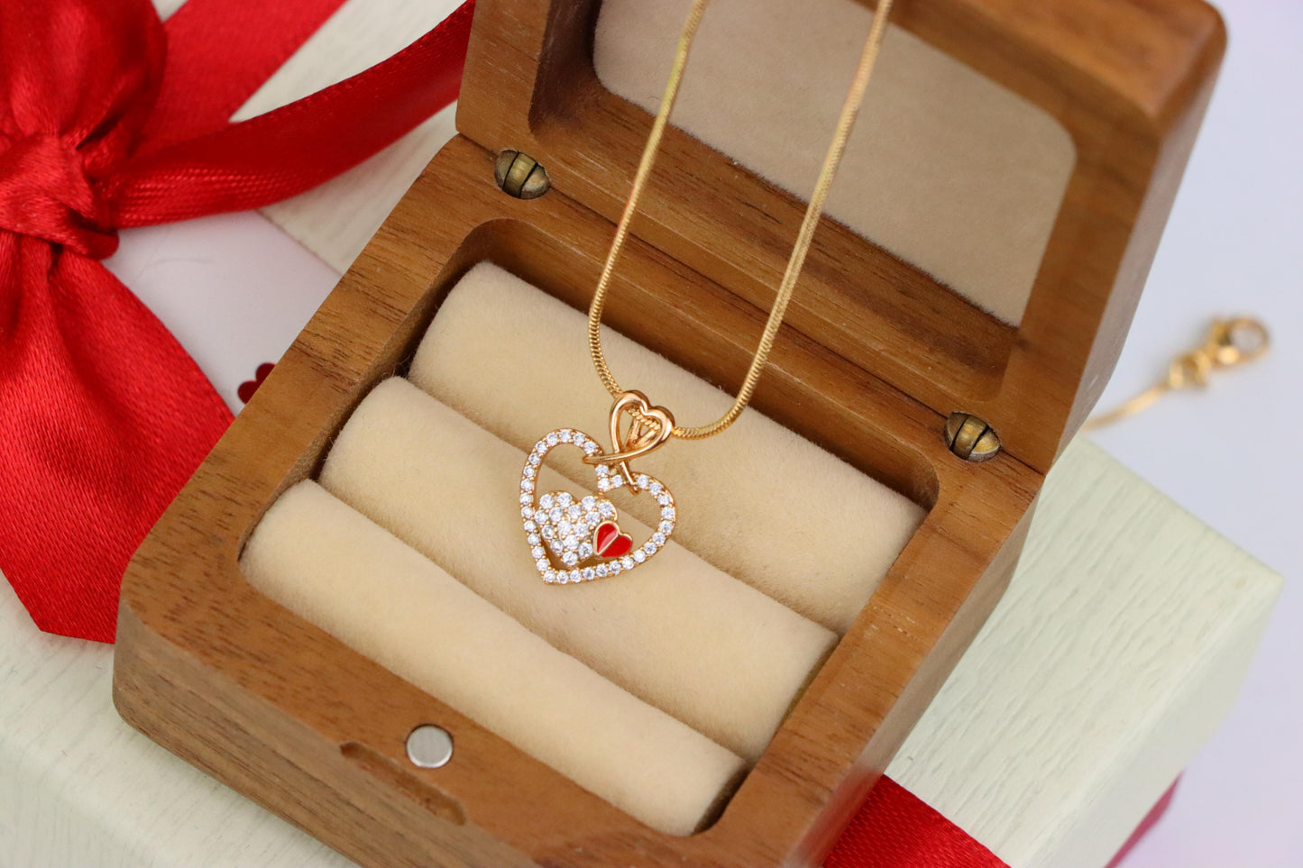 Heart-Shaped Rose Gold Pendant with Red Accent and CZ Detailing, XPPT1518 (2141-1)