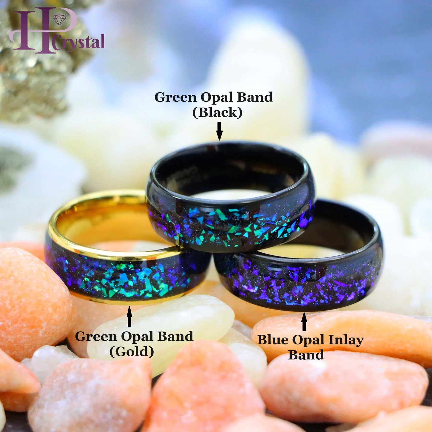 Dome Tungsten Ring – Yellow/Black IP, Synthetic Opal & Abalone Inlay