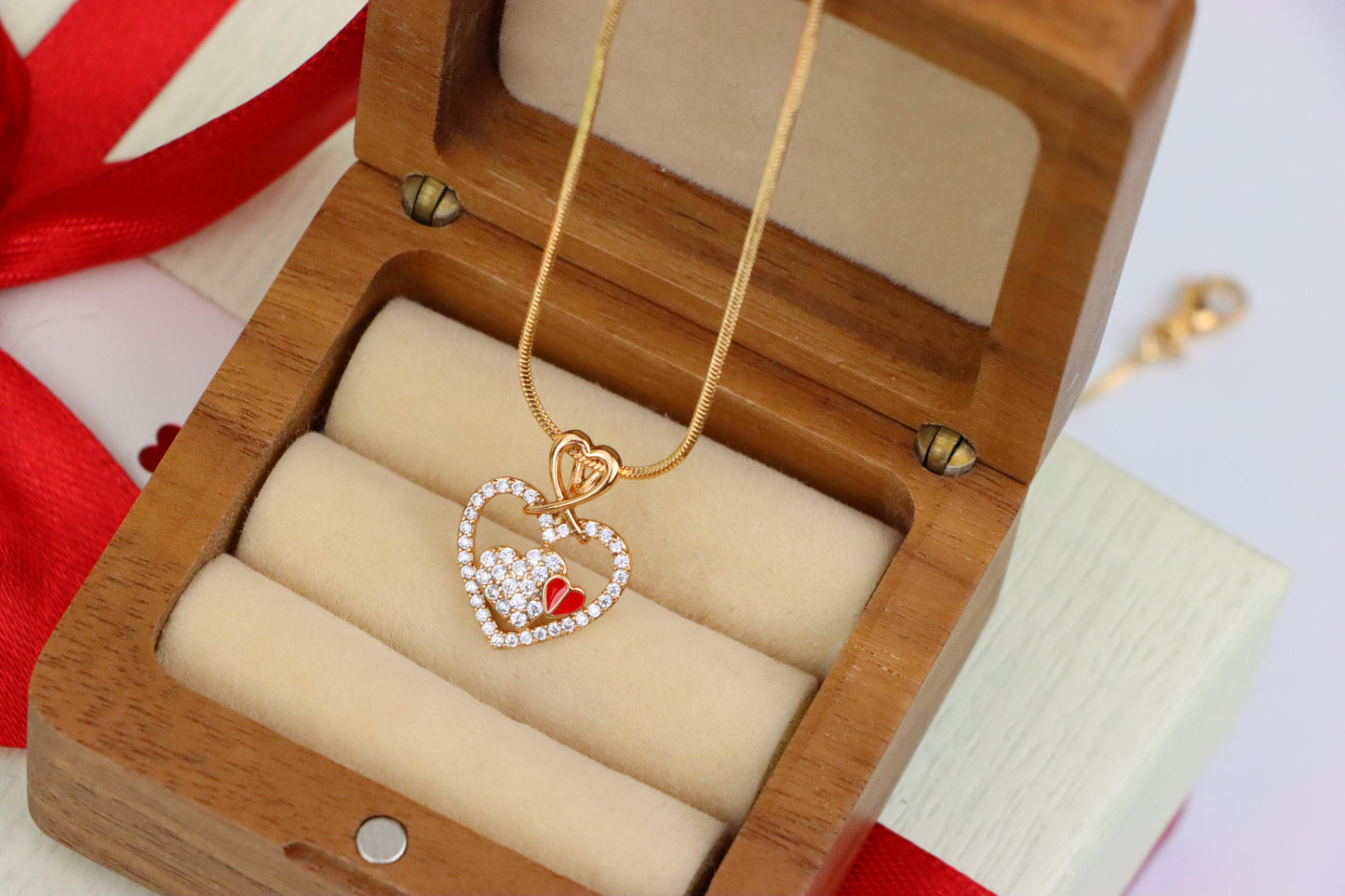 Heart-Shaped Rose Gold Pendant with Red Accent and CZ Detailing, XPPT1518 (2141-1)