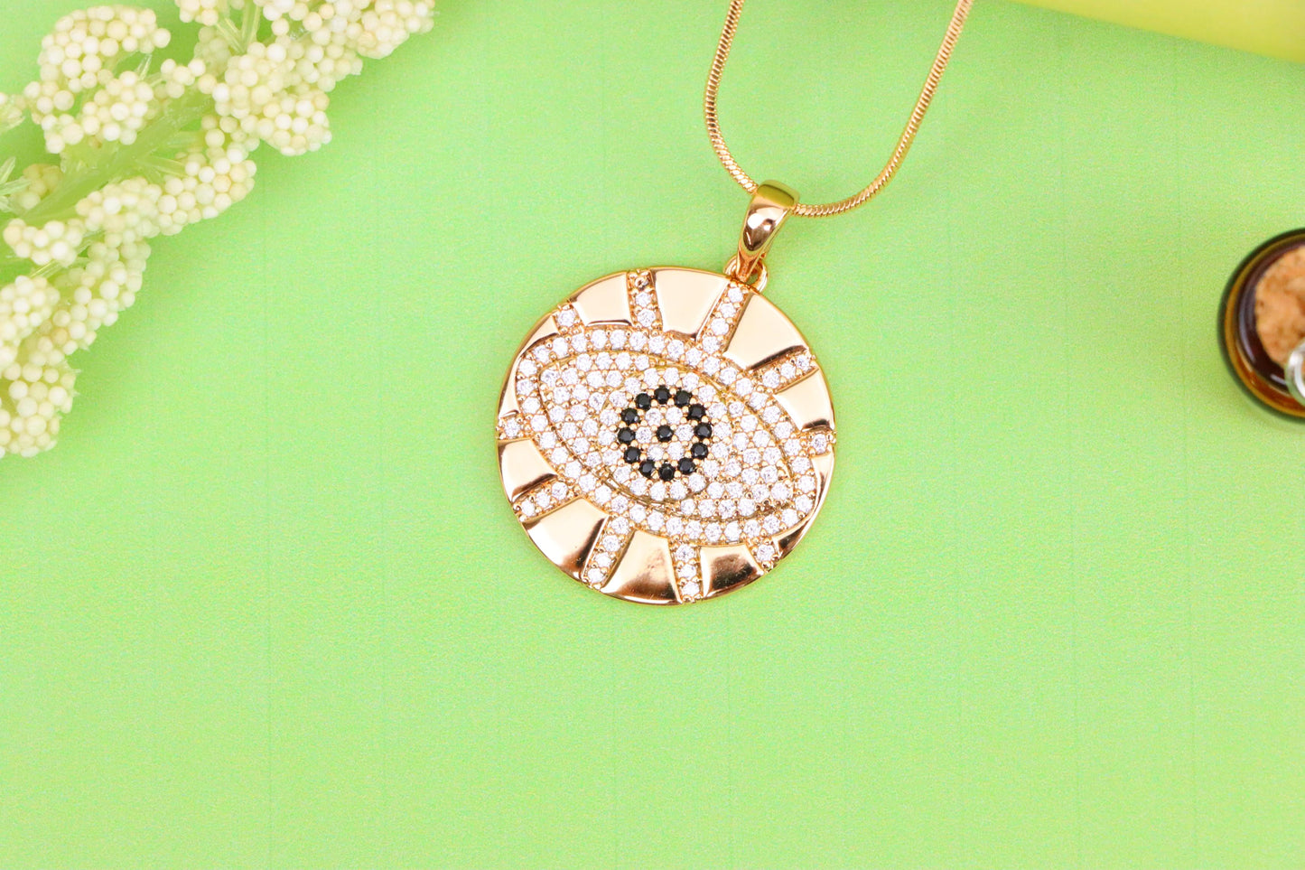 Round Evil Eye Rose Gold Pendant with CZ Crystals and Shine Finish, XPPT1519 (2141-2)