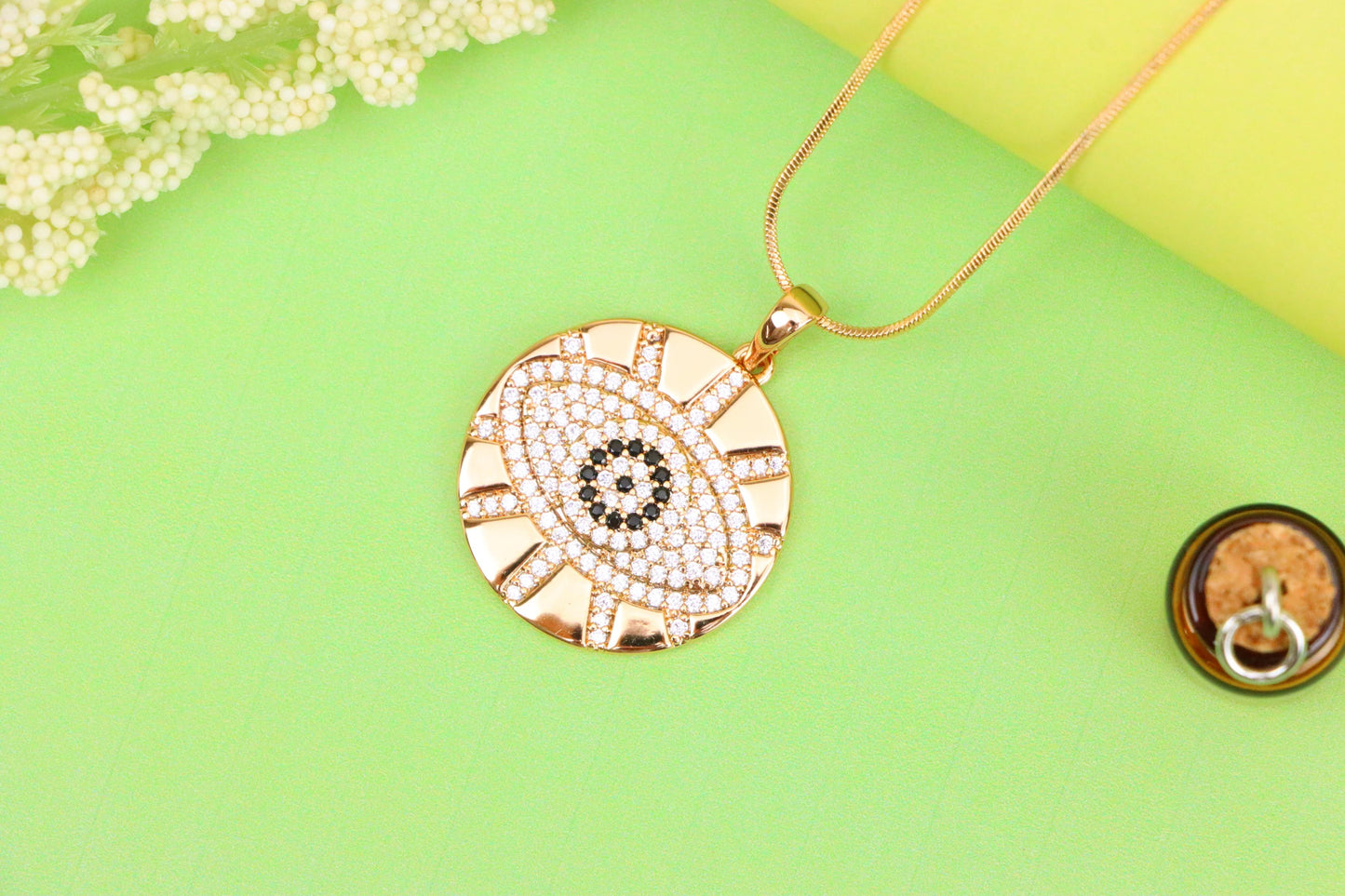 Round Evil Eye Rose Gold Pendant with CZ Crystals and Shine Finish, XPPT1519 (2141-2)