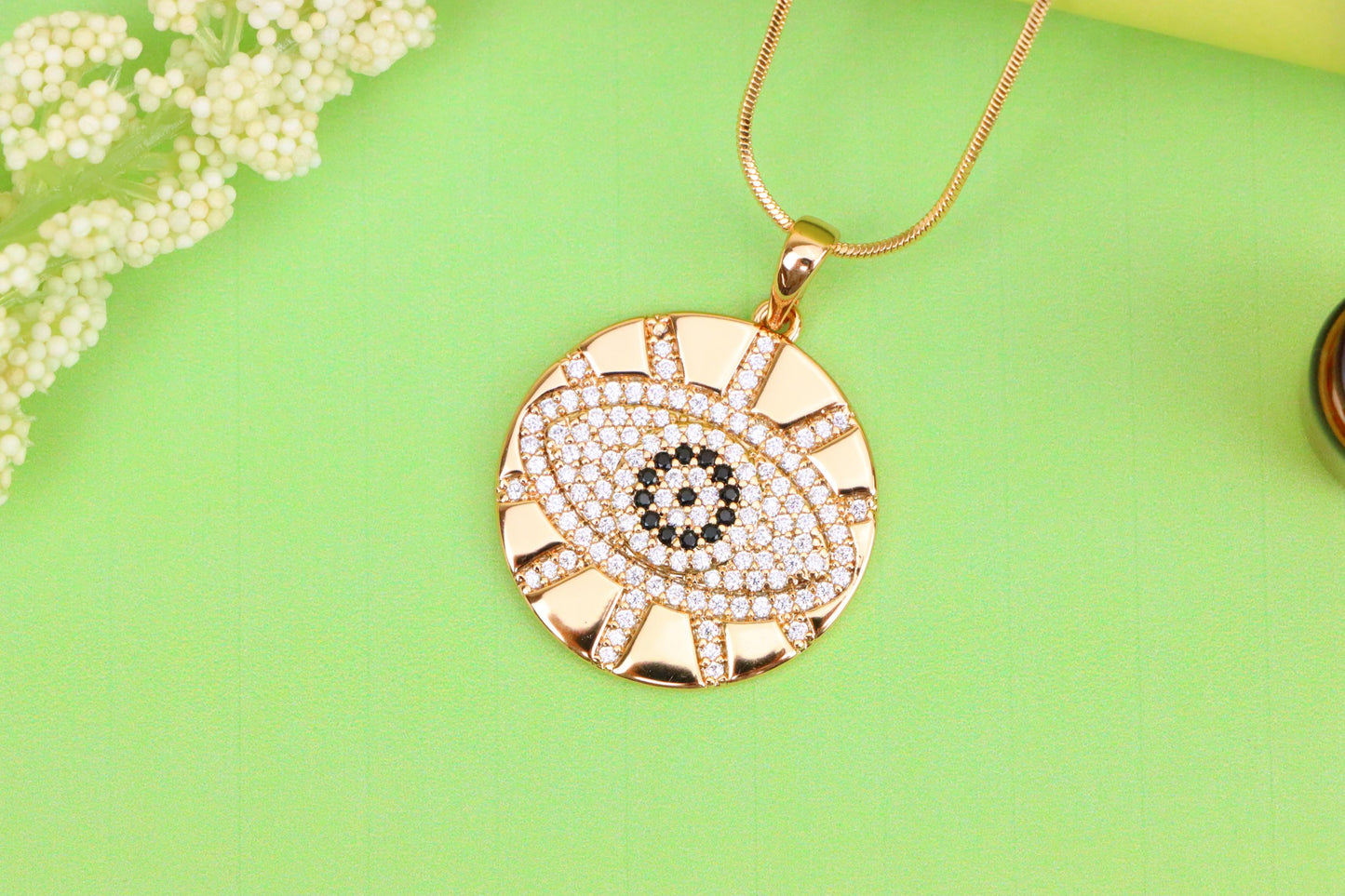 Round Evil Eye Rose Gold Pendant with CZ Crystals and Shine Finish, XPPT1519 (2141-2)
