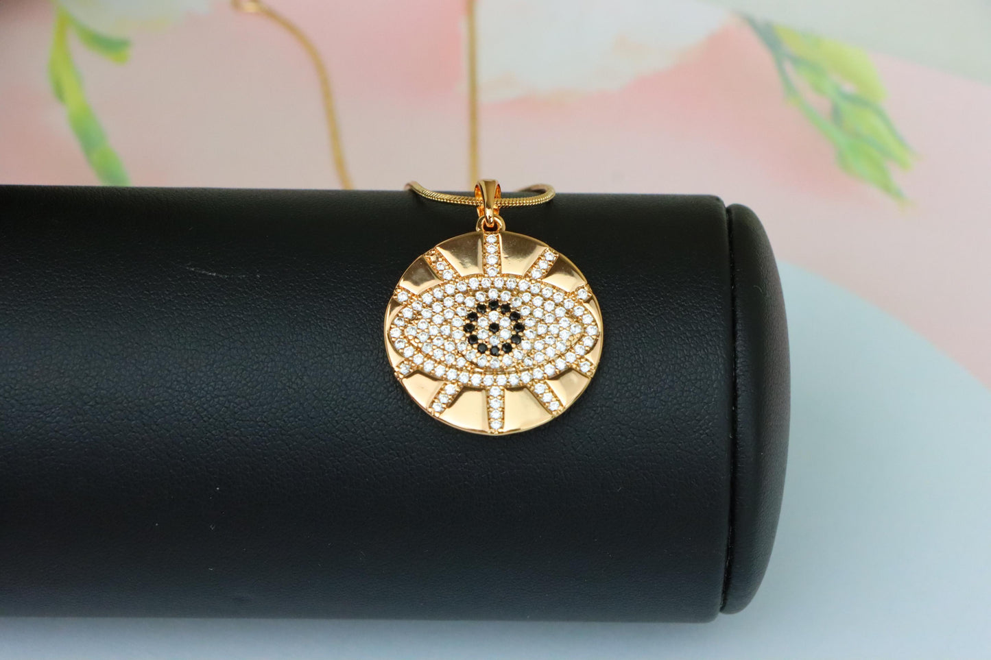 Round Evil Eye Rose Gold Pendant with CZ Crystals and Shine Finish, XPPT1519 (2141-2)