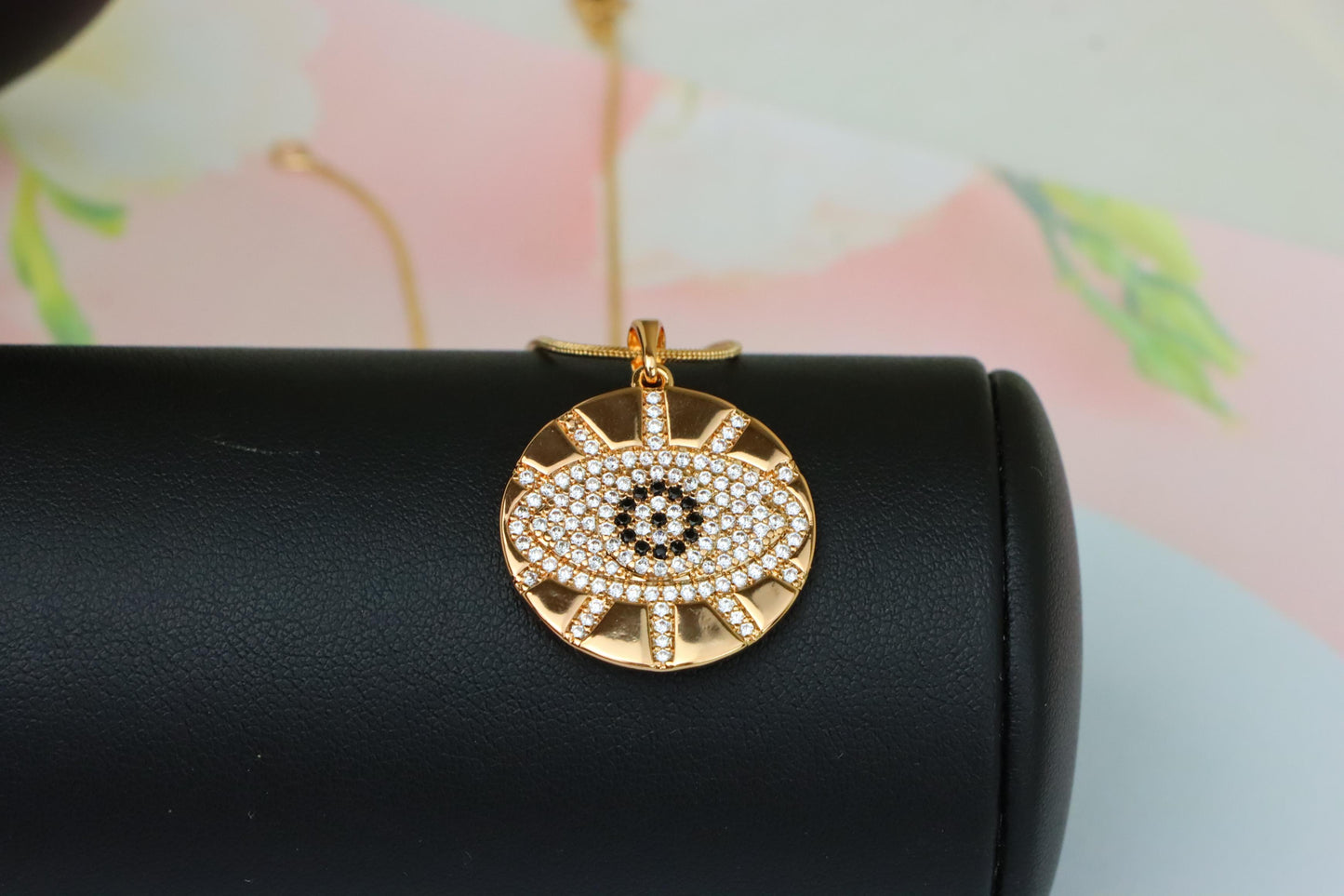Round Evil Eye Rose Gold Pendant with CZ Crystals and Shine Finish, XPPT1519 (2141-2)