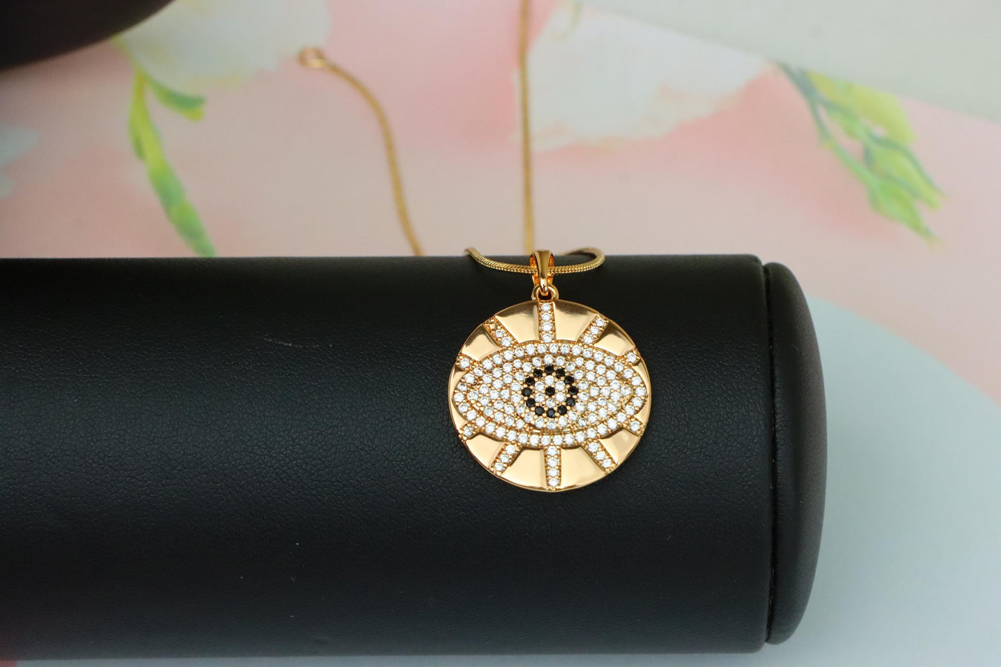 Round Evil Eye Rose Gold Pendant with CZ Crystals and Shine Finish, XPPT1519 (2141-2)