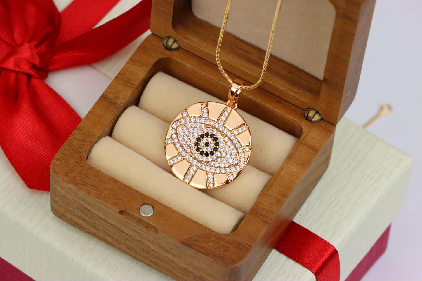 Round Evil Eye Rose Gold Pendant with CZ Crystals and Shine Finish, XPPT1519 (2141-2)