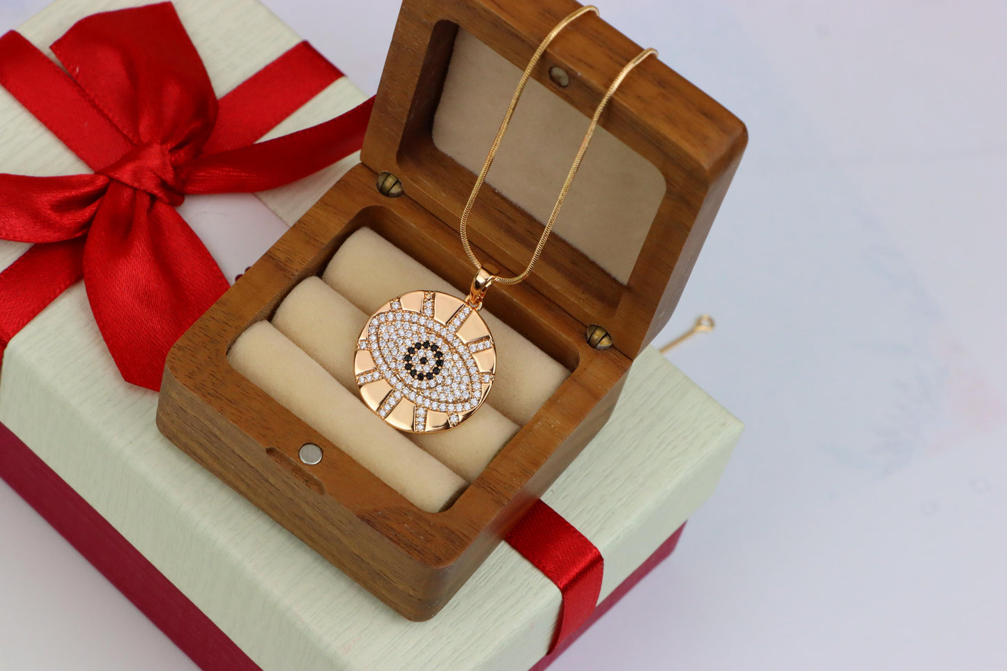 Round Evil Eye Rose Gold Pendant with CZ Crystals and Shine Finish, XPPT1519 (2141-2)