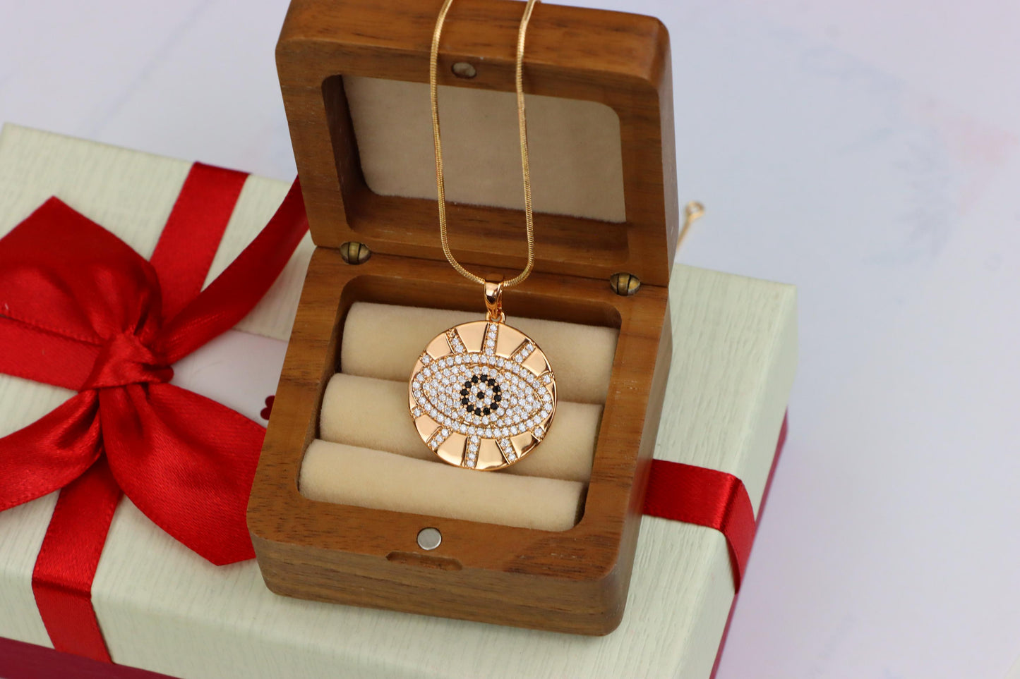 Round Evil Eye Rose Gold Pendant with CZ Crystals and Shine Finish, XPPT1519 (2141-2)