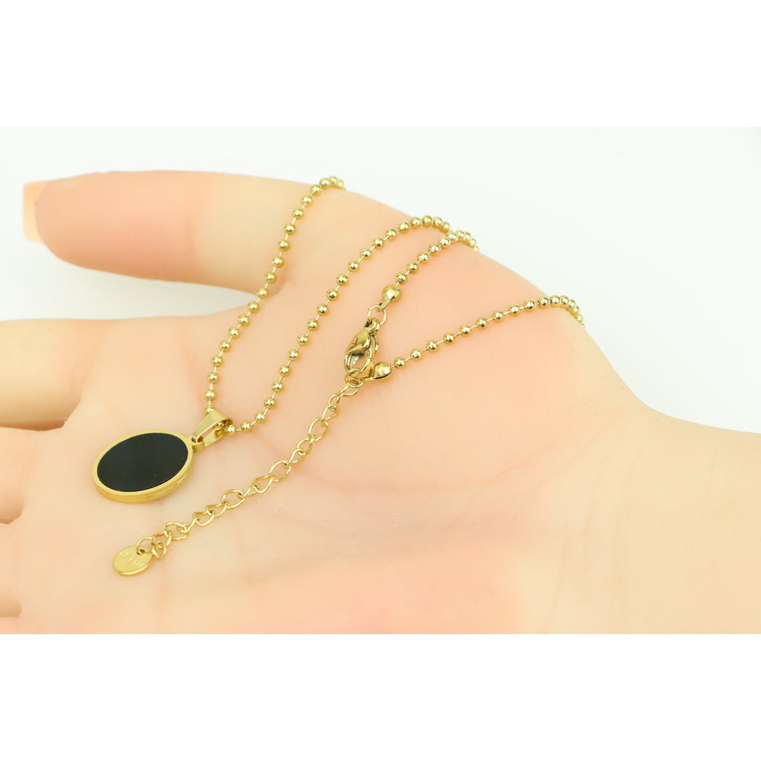 Black Enamel Round Pendant Necklace with Gold Plated Beaded Chain, XPNL0382 (2039-2)