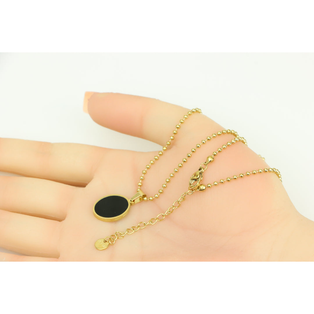 Black Enamel Round Pendant Necklace with Gold Plated Beaded Chain, XPNL0382 (2039-2)
