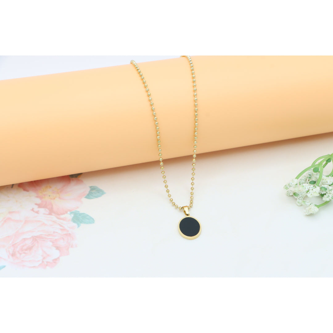 Black Enamel Round Pendant Necklace with Gold Plated Beaded Chain, XPNL0382 (2039-2)