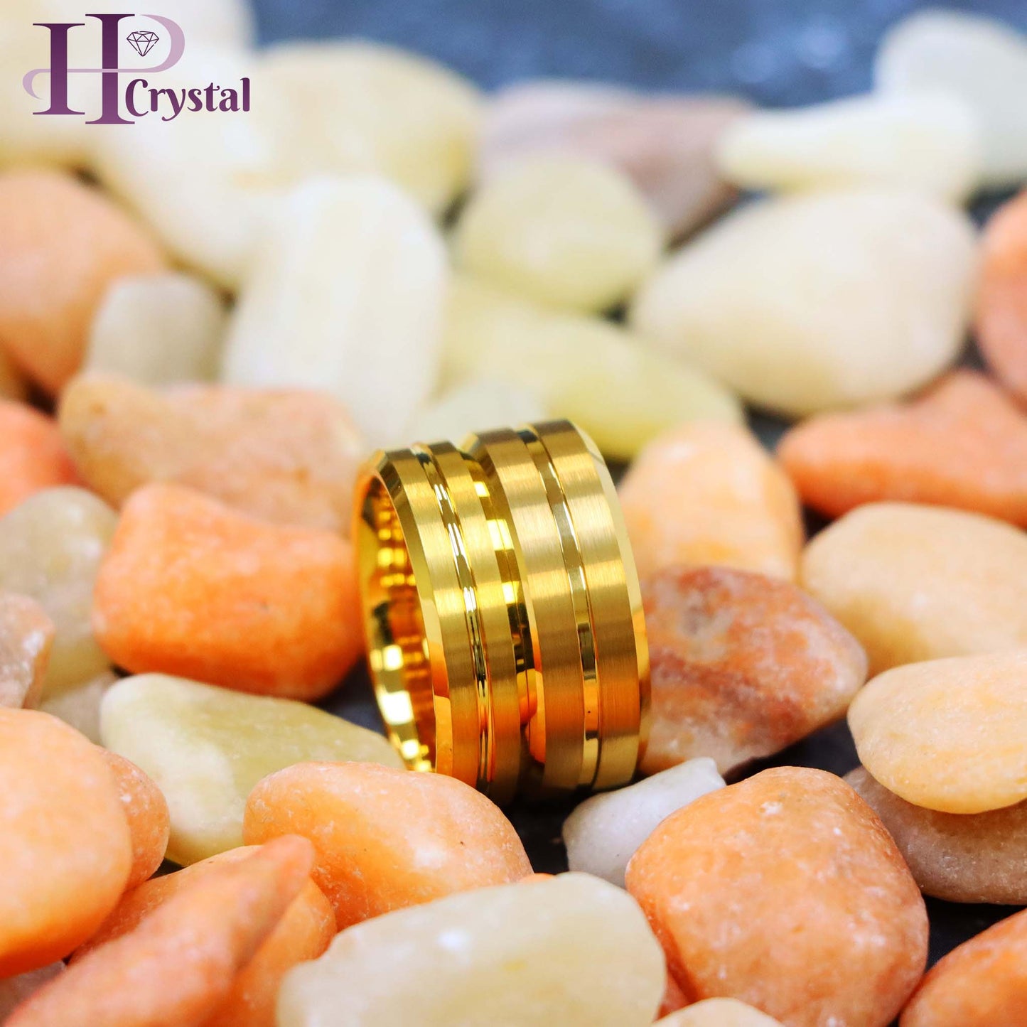 Yellow Gold IP Plated Grooved Center Brushed Beveled Edge Tungsten Ring
